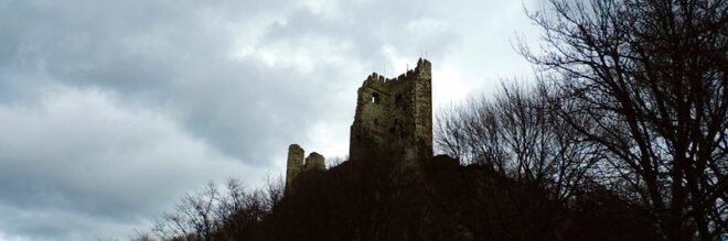 Drachenfels ruin with moody clouds